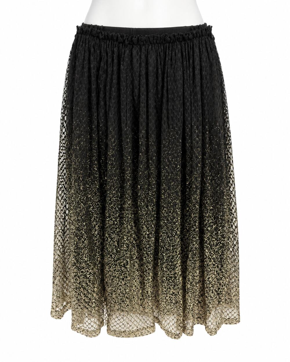 Whimsy Goth Black Gold Lace Midi Skirt Metallic Ombre Sheer Vintage Womens Large